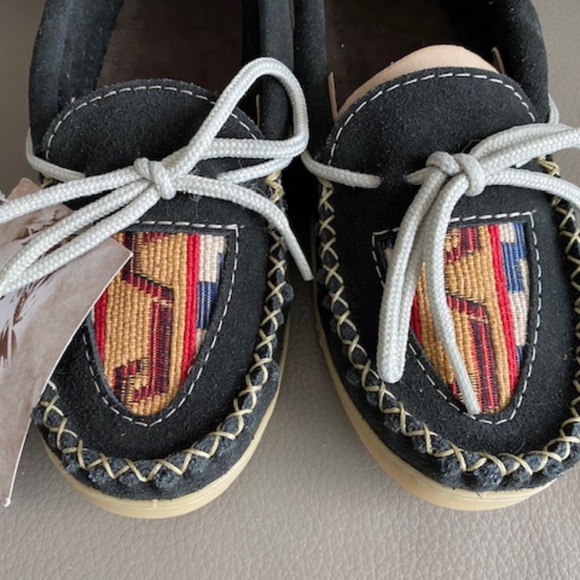 Laurentian Chief moccasin slippers L7 suede leather black aztec inspired - Picture 3 of 16